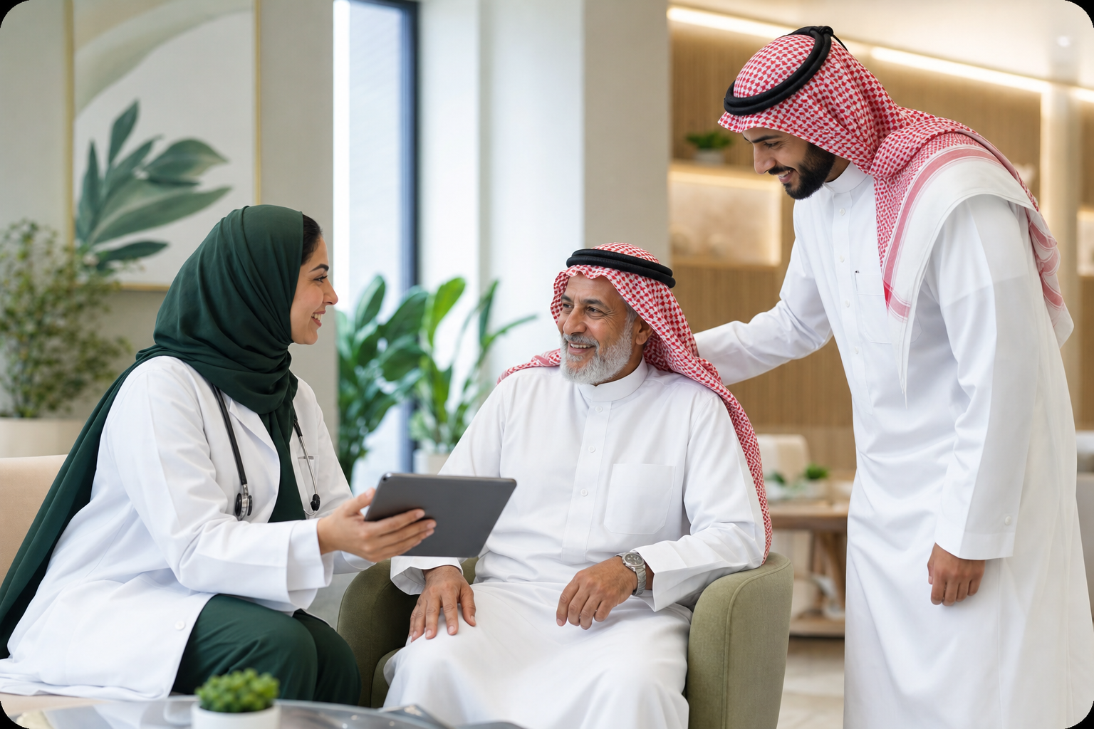 ممارسة صحية تتابع خطة الرعاية مع مستفيد وأحد أفراد أسرته